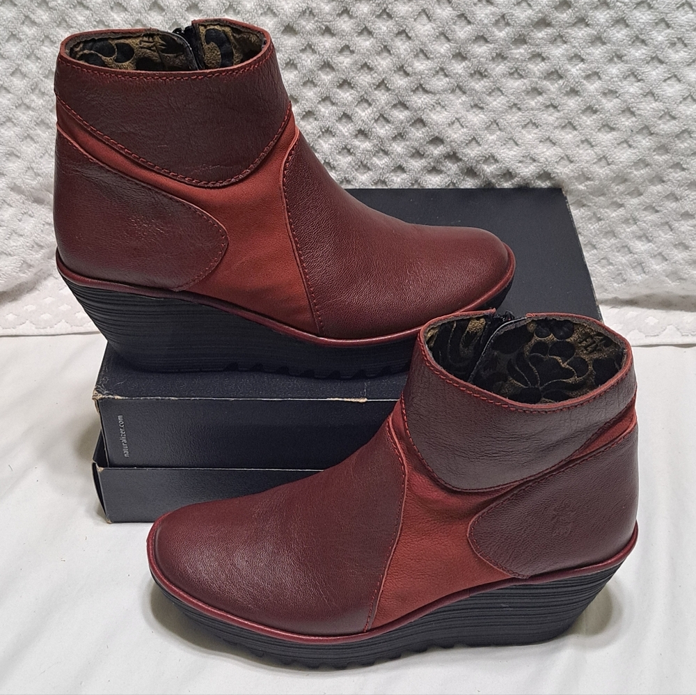 Fly London YAVO Burgundy/Red Leather Ankle Wedge Heel Boot EU 40 (US 9-9.5M) GUC